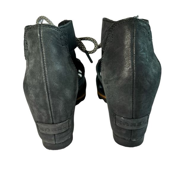 Sorel Joanie Lace Up Wedge Heel Open Toe Leather Canvas Lug Sole Sandal Black 7 - Picture 3 of 9